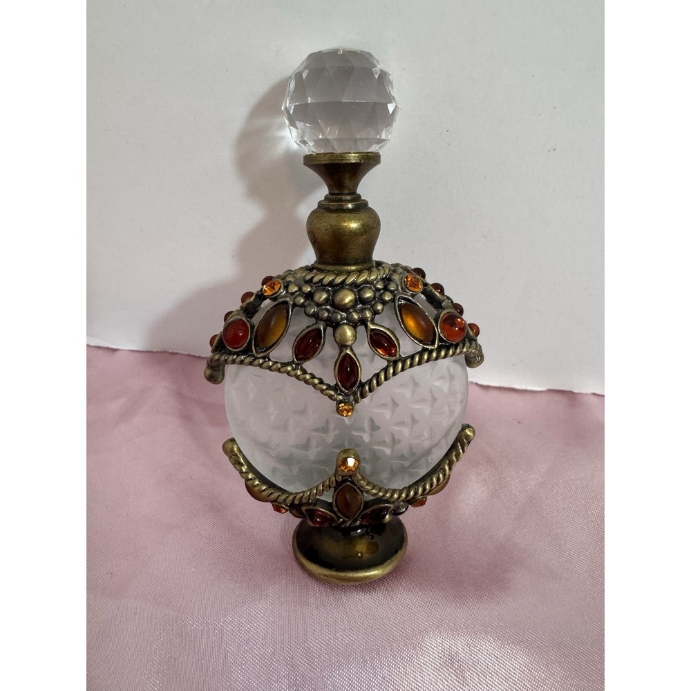 Vintage Perfume Bottle Frosted Glass‎ Rhinestones Vanity Refillable Beautiful
